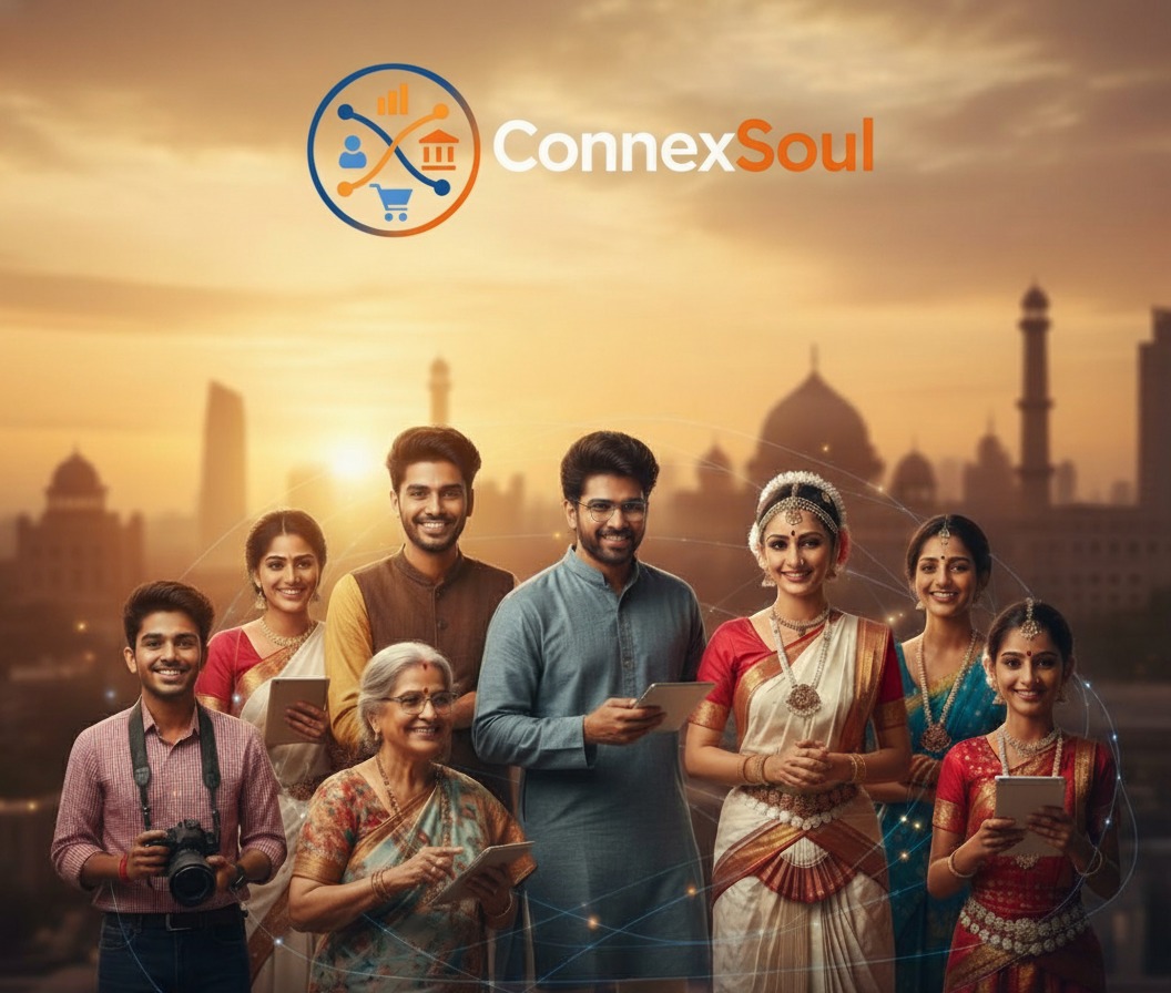 A group of diverse Indian people connecting through technology